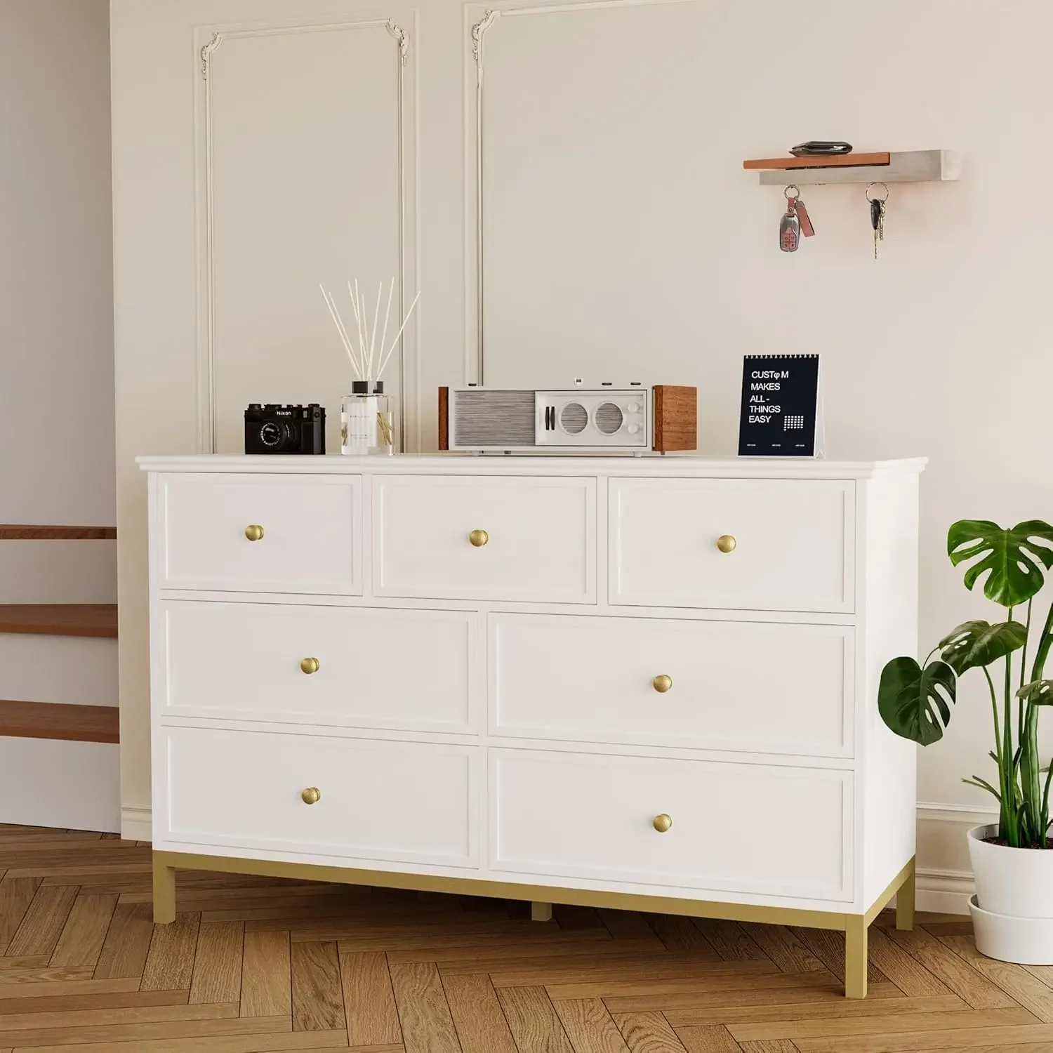 Modern 7 Drawer Dresser for Bedroom，55 “ Wood Dresser Tall Chest of Drawers， Wide Chest of Drawers with Deep Drawers & Mental Ha