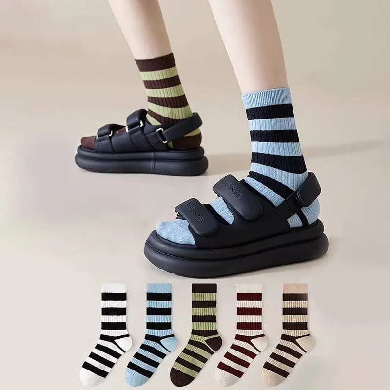 

5 пар женских носков, новые японские простые универсальные удобные дышащие повседневные носки в полоску в стиле Харадзюку для девочек, оптовая продажа