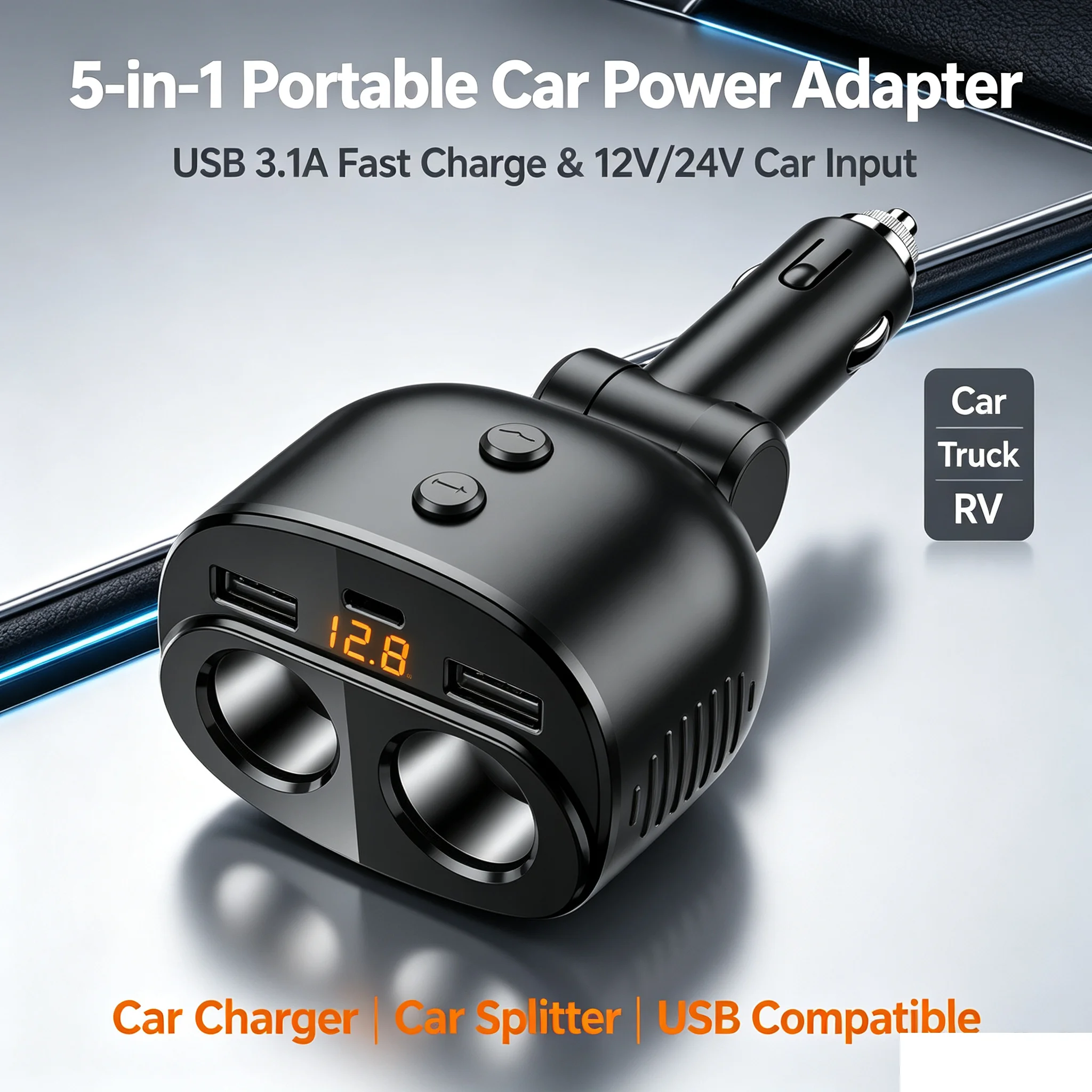 5‑in‑1 Car Cigarette Lighter Splitter 12V/24V Car Power Adapter Dual Cigarette Lighter Socket 3‑Port USB Fast Charger Voltage Di
