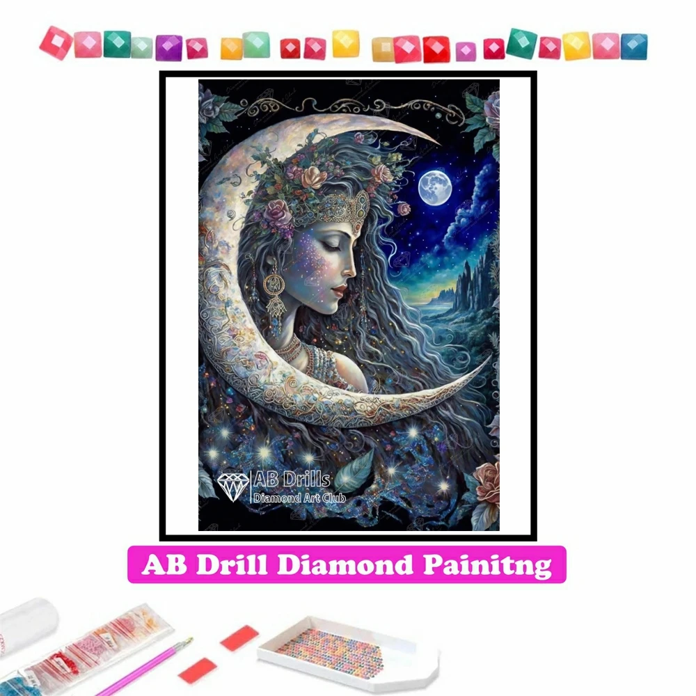 

Moon Goddess 5D DIY AB Diamond Painting Embroidery Fantasy Woman Art Cross Stitch Kits Rhinestones Mosaic Home Decor Gift