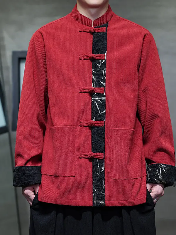 

New Chinese Sle Men's Jaet Long Sve Corduroy Button up Outerwear Large Size Stand Collar Polyester Fiber Autumn Winter