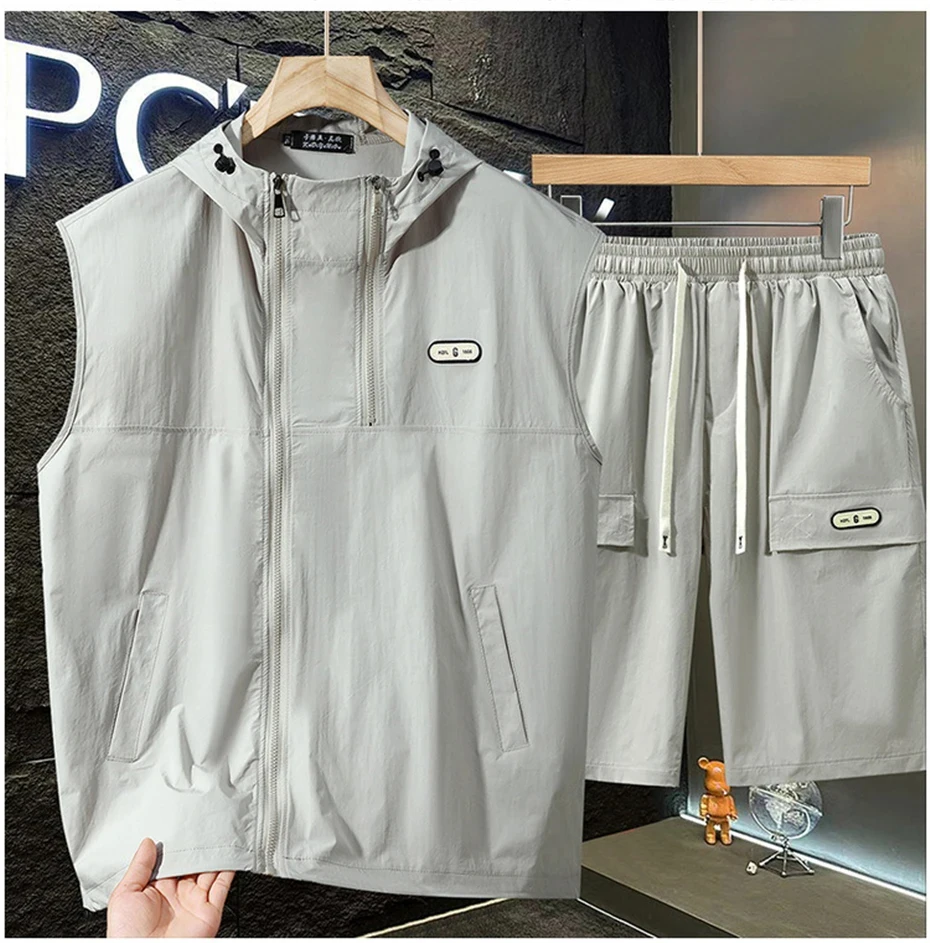 11XL Plus Size Summer Tracksuits Men Summer Zipper Sets Casual Fashion Quick Drying Hooded Vests Shorts Suits Male Big Size