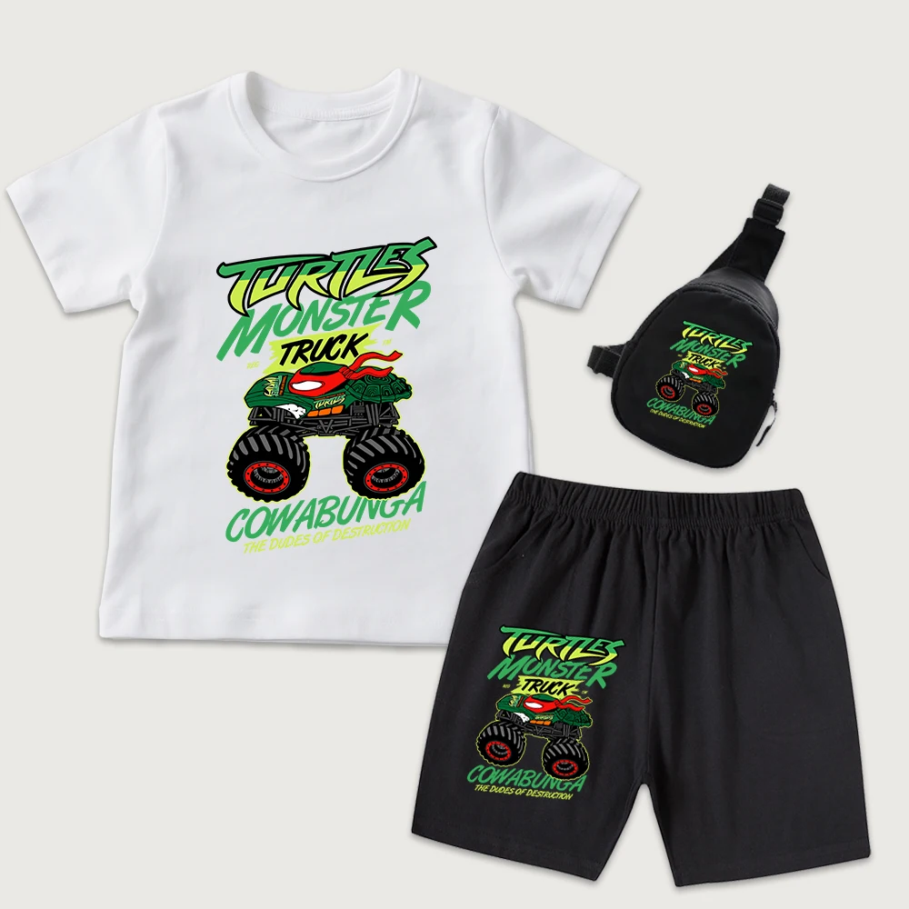Ninja Turtles Turtles Monster Print Kids Cotton T Shirt and Shorts Set with Mini Chest Bag 3Pcs Set Casual Outfit for Boys Girls