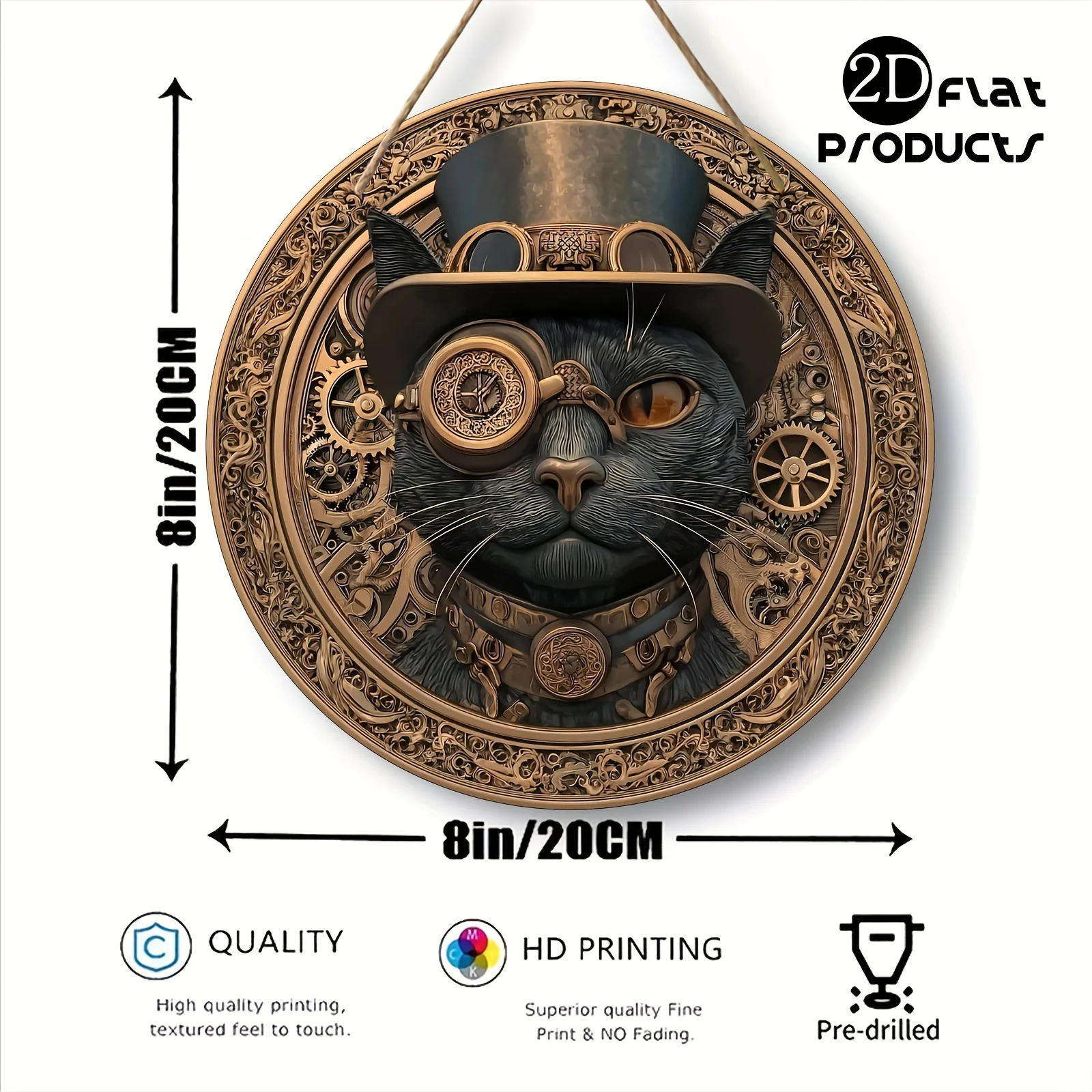 2D Flat, 1pc Victorian Steampunk Mechanical Cat Wall Decor - Vintage Industrial Gear & Top Hat Design - Dark Brown/Black/ Golden