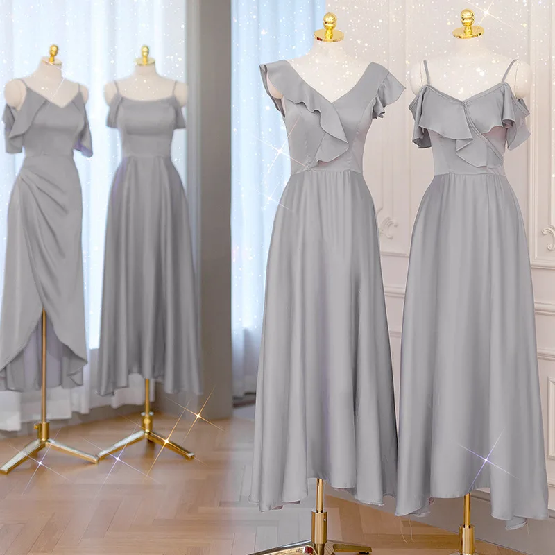 

ey Satin Maids of Dres 2024 New Winter Ele Princ Skirt Sle Long Gowns for Wedding Banquet Indoor Hotel Sc...