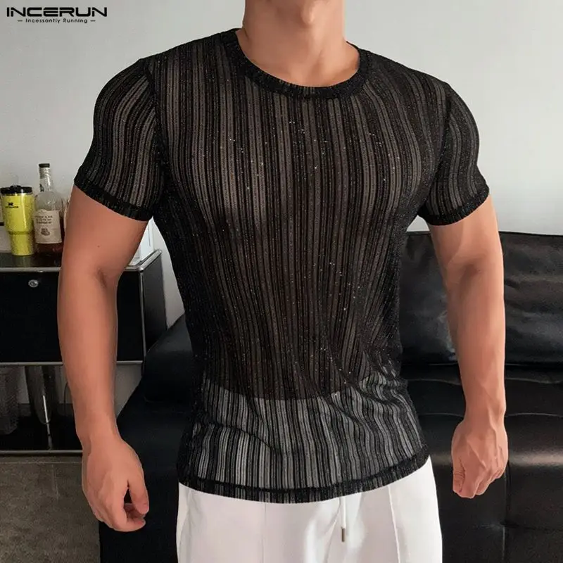 INCERUN Men's T Shirt Mesh See Through Sexy Striped O-neck Short Sleeve Male Tee Tops 2026 Streetwear Fashion Party Men Clothes