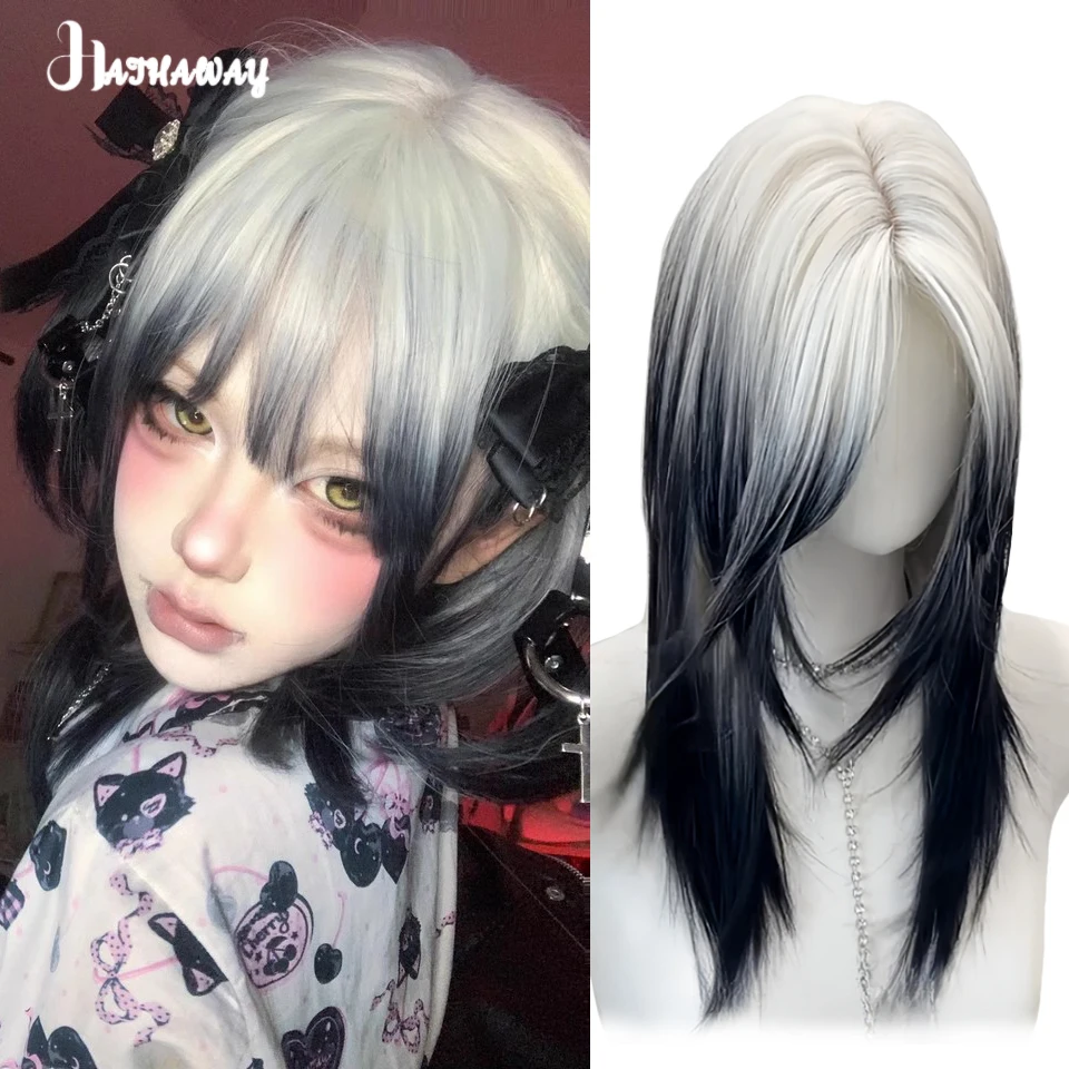 Synthetic Wig Female Long Hair Fashion New Black And White Gradient Split Mullet Head Unisex Japanese Full Headgear Daily Wear