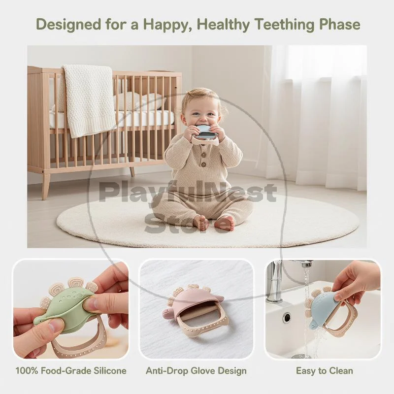 Silicone Dinosaur Glove Teether Soft Textured BPA Free Easy Clean Soothing Baby Teething Toy for 0-12 Months Babies