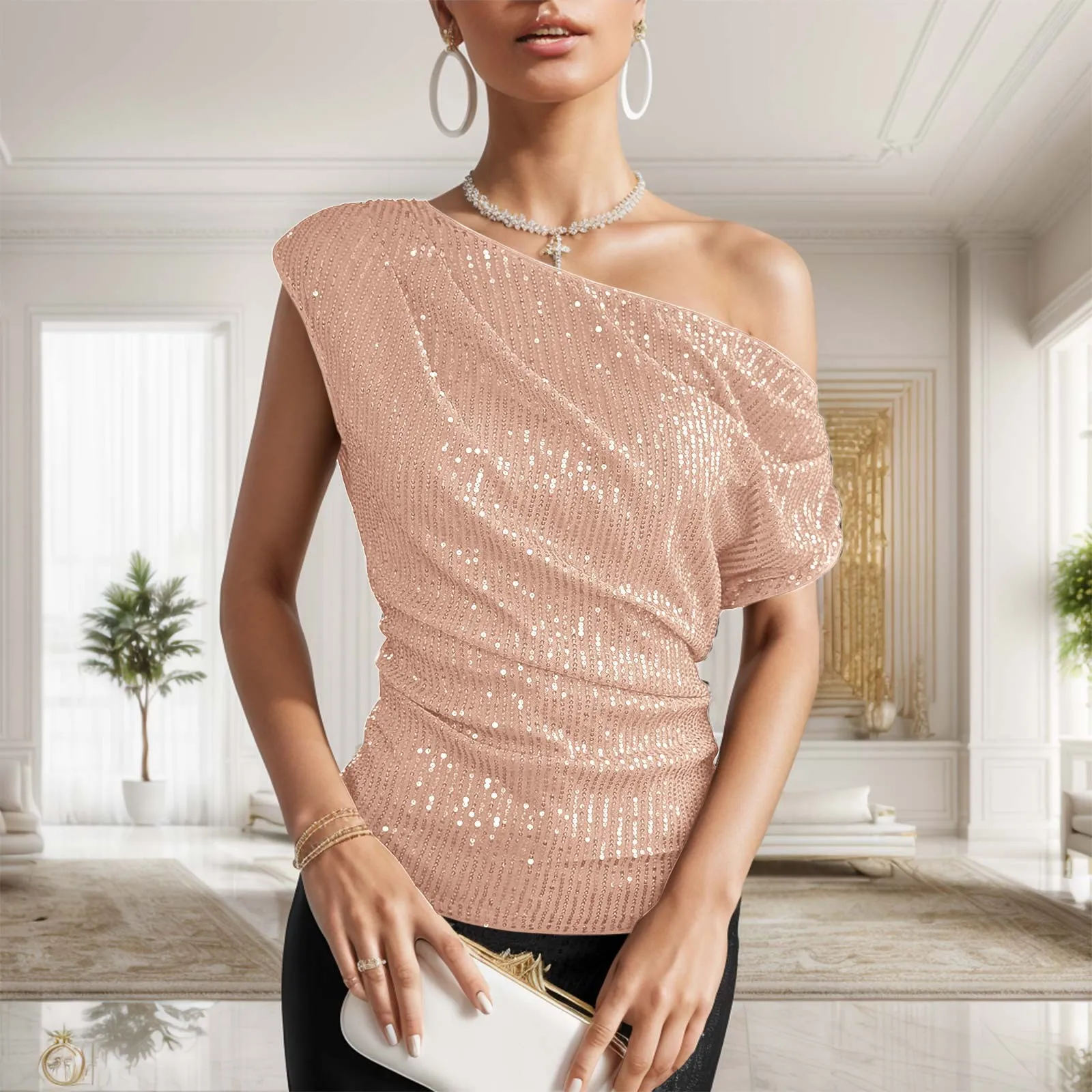 One Shoulder Sequin Sparkly Tops For Women Ruched Asymmetrical Glitter Tops Slimming Sparkle Party Shirts Pullover