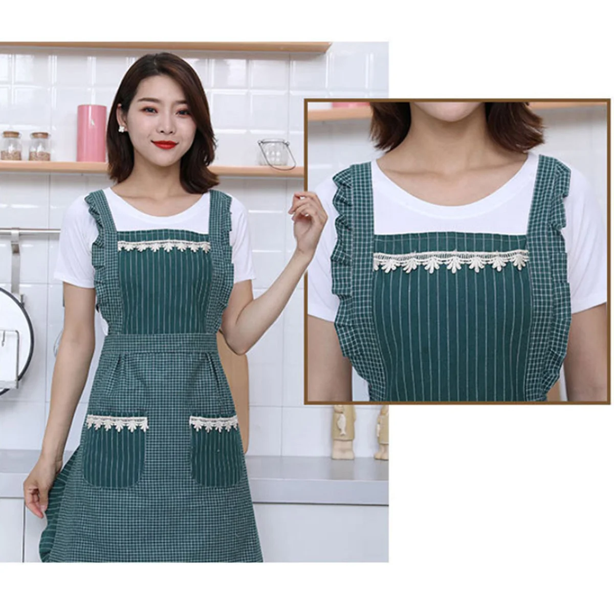 

1pc Cotton Aprons For Kids Double Layered Washable Cooking Grilling Painting Apron Household Kitchen Use Dark Green