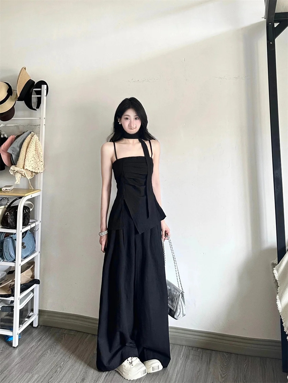 

Комплект Anke Studio: повседневные брюки с широкими штанинами и топ в корейском стиле, летний, новый, прямые длинные брюки, комплект из двух предметов