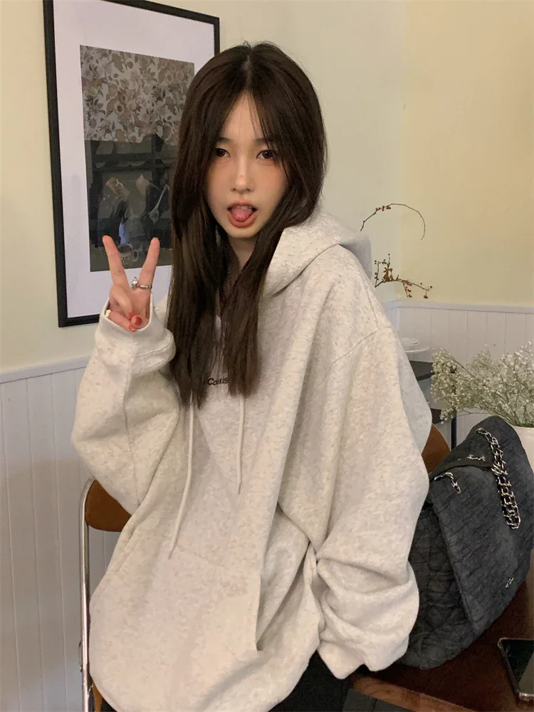 Fashion Dark Grey Hoodie Fleece Thicken Sweatshirt Long Sleeve Korean Letter Printing Baggy Female Tops Pullover Hoodie Autumn