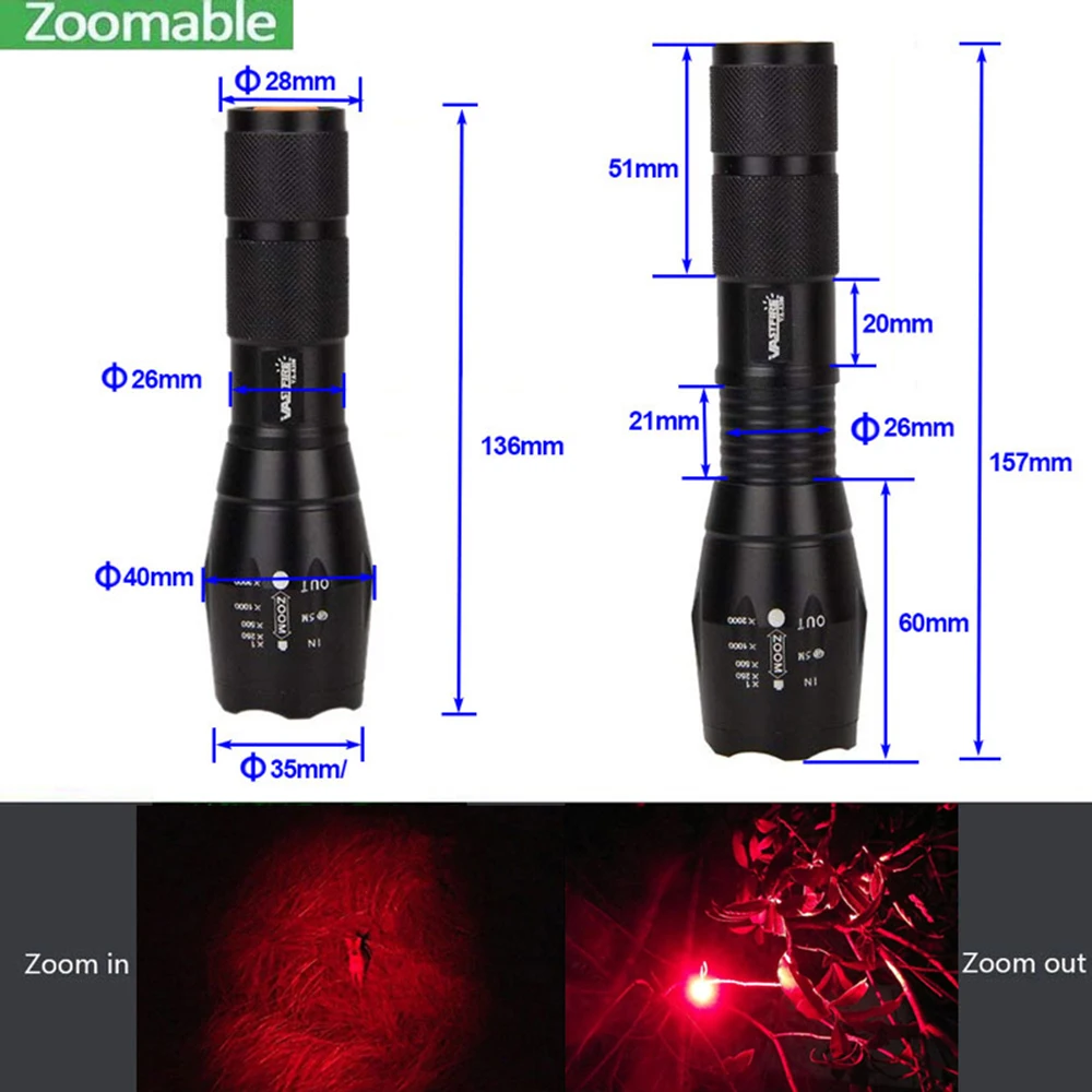 Green or red predator light LED tactical flashlight zoom adjustable waterproof rechargeable flashlight, used for hunting