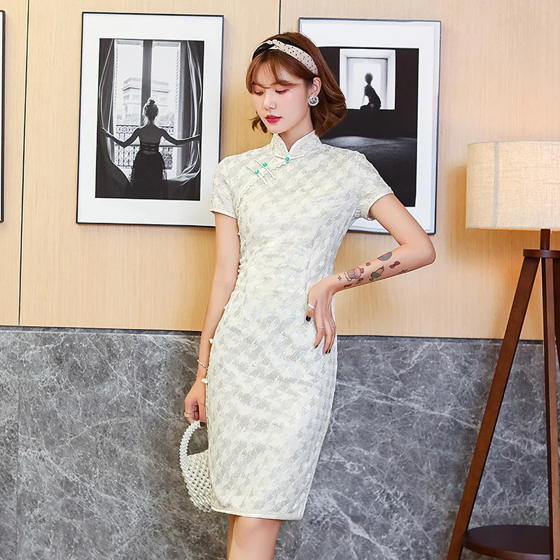 

qipao luxury dress woman 2026 high-end good quality knitted traditional chinese modern white blue lace comfortable cheongsam