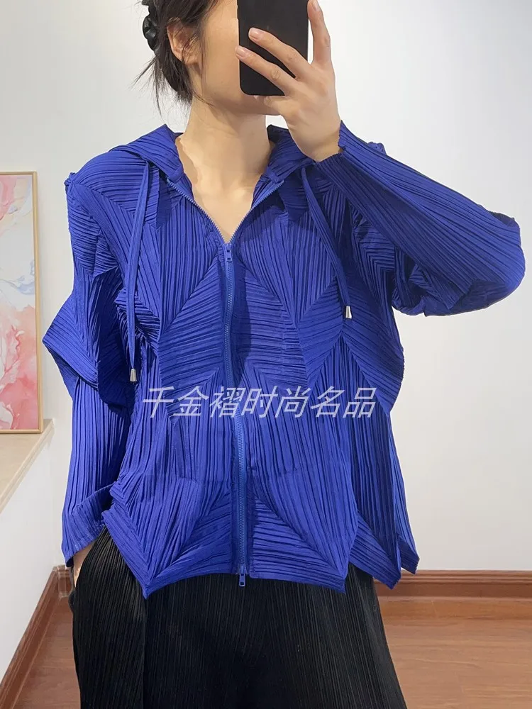 ダイヤモンドプリーツデザインレディースコート2025春新作おしゃれ高級感デザインセンスゆったり着痩せフード付きジッパートップ