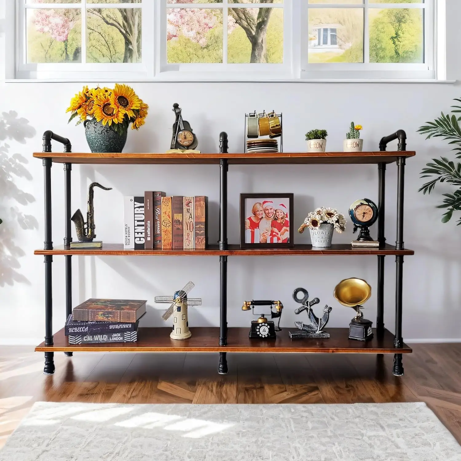 3 Tier Long Industrial Bookshelf, 3 Realwood Industrial Pipe Bookshelf For Living Room, Entry, Office (Rustic Brown, 60