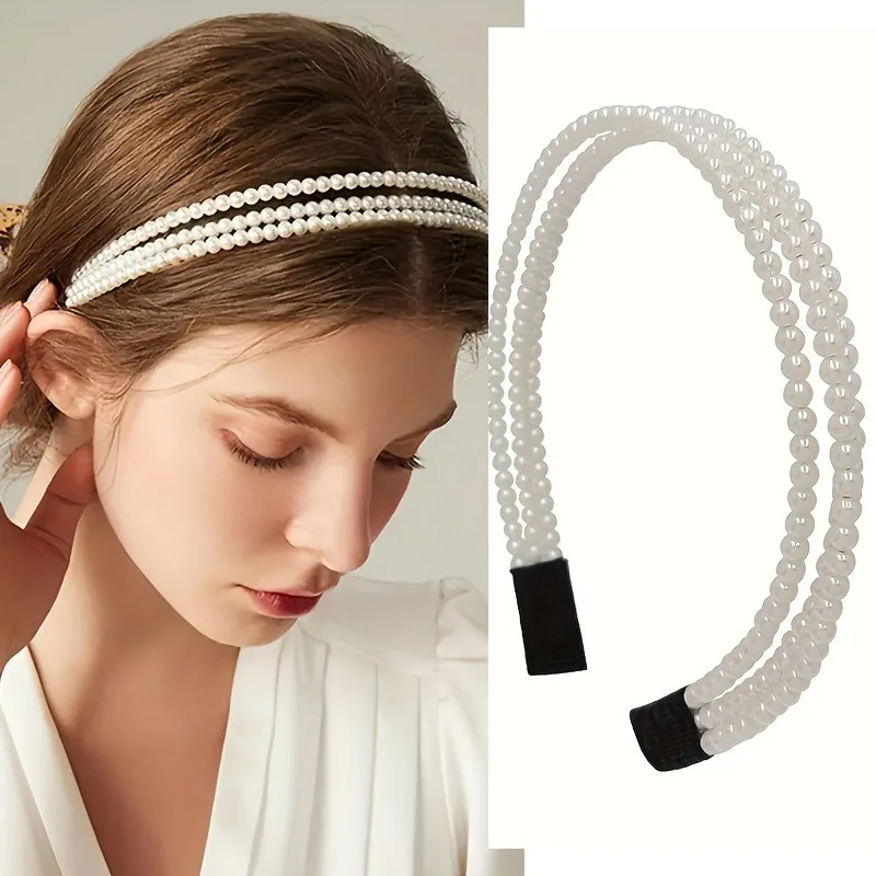 

Elegant 3-Row Faux Pearl Headband - Vintage Style Hair Hoop For Women, Perfect For Weddings & Everyday Chic
