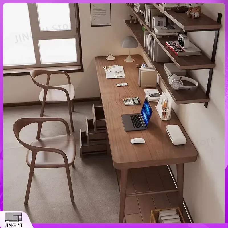 Solid Wood Study Desk with Wall Mounted Bookshelf Double Workbench Long Computer Desk for Students Office Workstation Lab