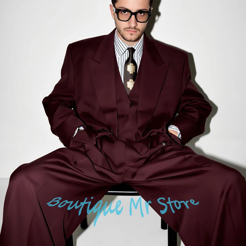 

Burgundy Oversized Three Piece Men's Suits Smart Fashion Jacket+Vest+Pants Set Double Breasted Elegant Blazer Evening Party Wear