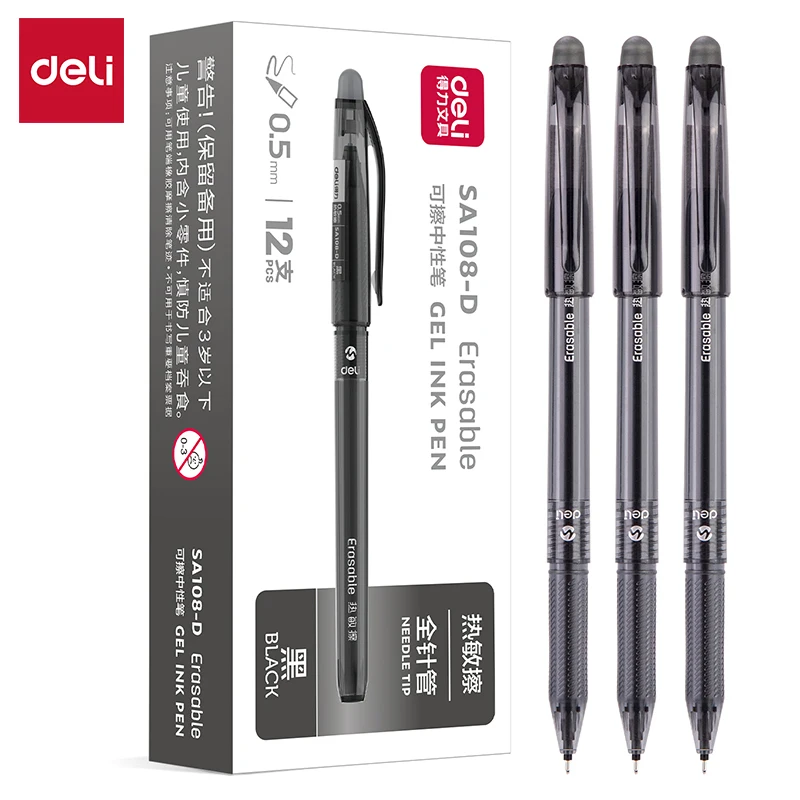 

Deli SA108-D Erasable Gel Pen 0.5mm Needle Tip Smooth Writing No Smear Black/Blue Ink for School And Office Supplies