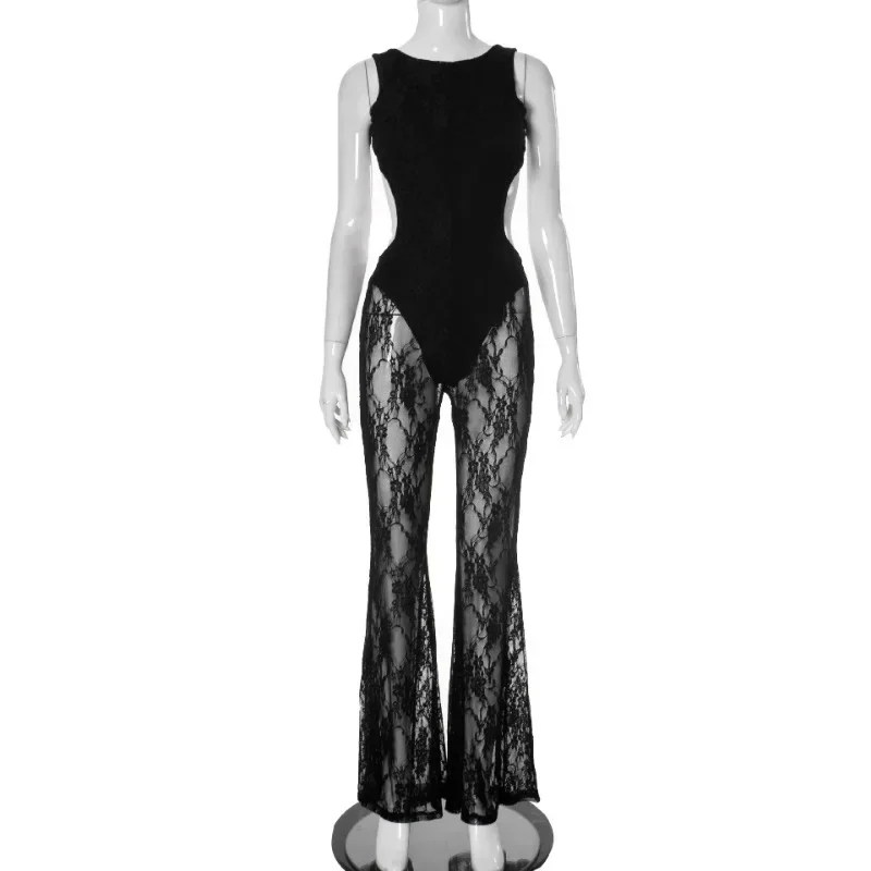 Women Sexy Black Patchwork Lace Jumpsuits O-neck Sleeveless Backless Slim Flare Pants One Piece Overalls Party Club Rompers