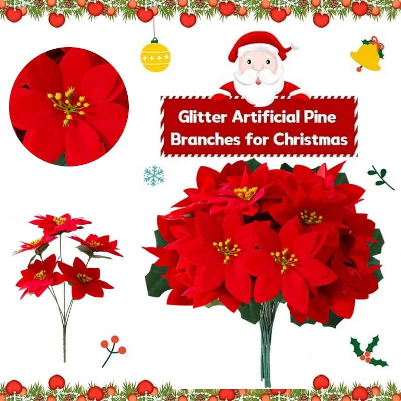 2PCS Weihnachten Künstliche Weihnachtsstern Blumen Stamm Blumensträuße für Weihnachtsbaum Girlande Neujahr Dekor Hause Indoor Outdoor Dekorationen