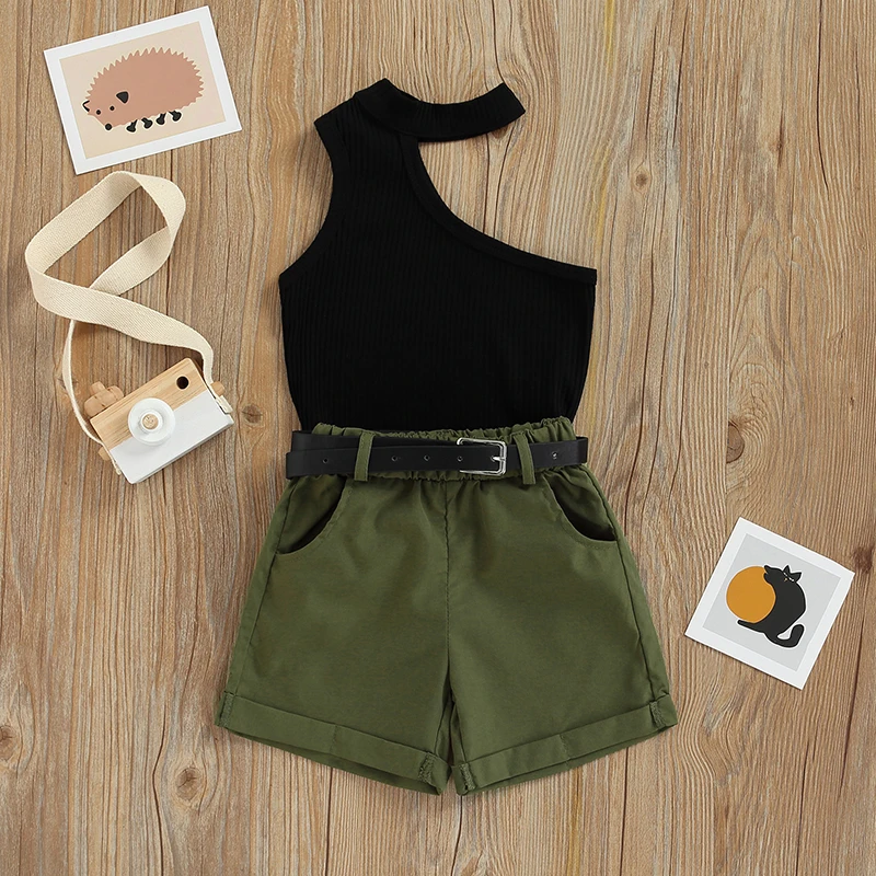 Toddler Kids Baby Girl Shorts Outfit Sleeveless One Shoulder Tshirt Tank Vest Top Solid Short Pants Set Summer Clothes 2PCS