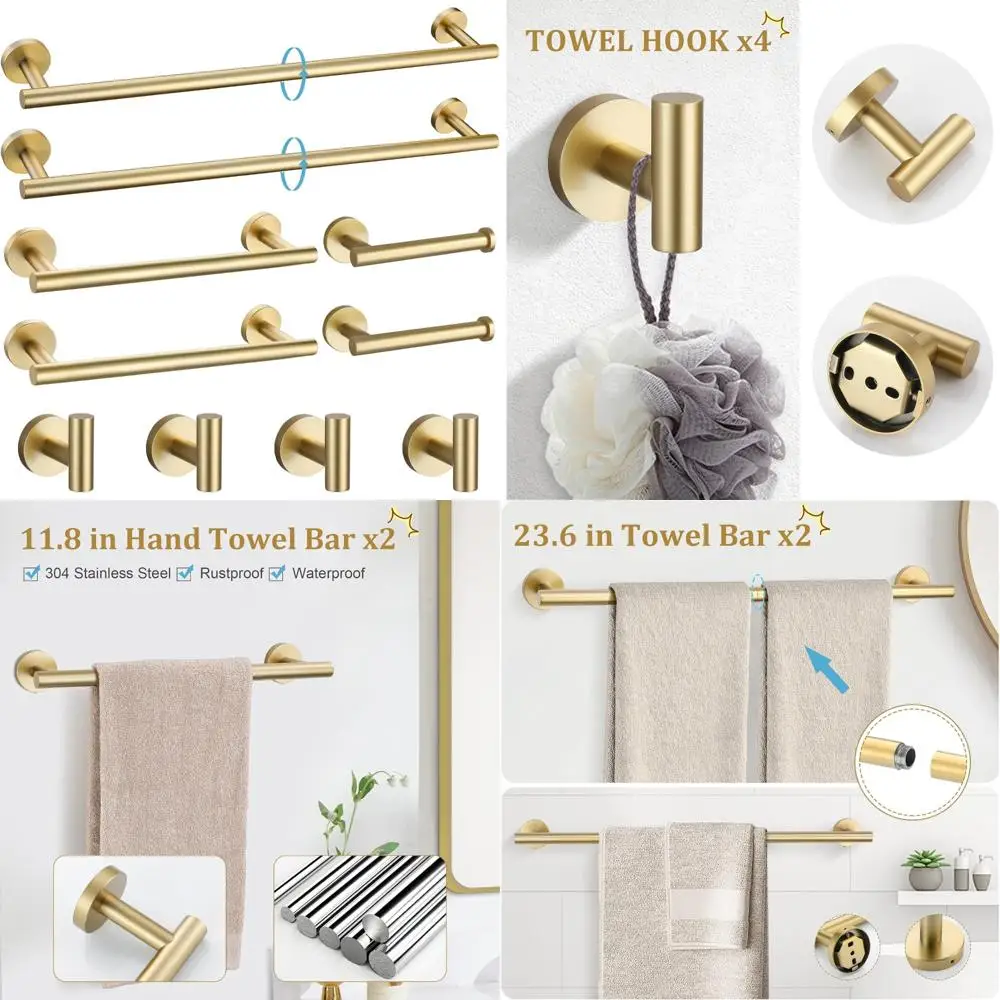 

24 Inch Brushed Gold Bathroom Hardware Set, Stainless Steel Towel Bar, Round Accessories Set for Modern Bath Decor