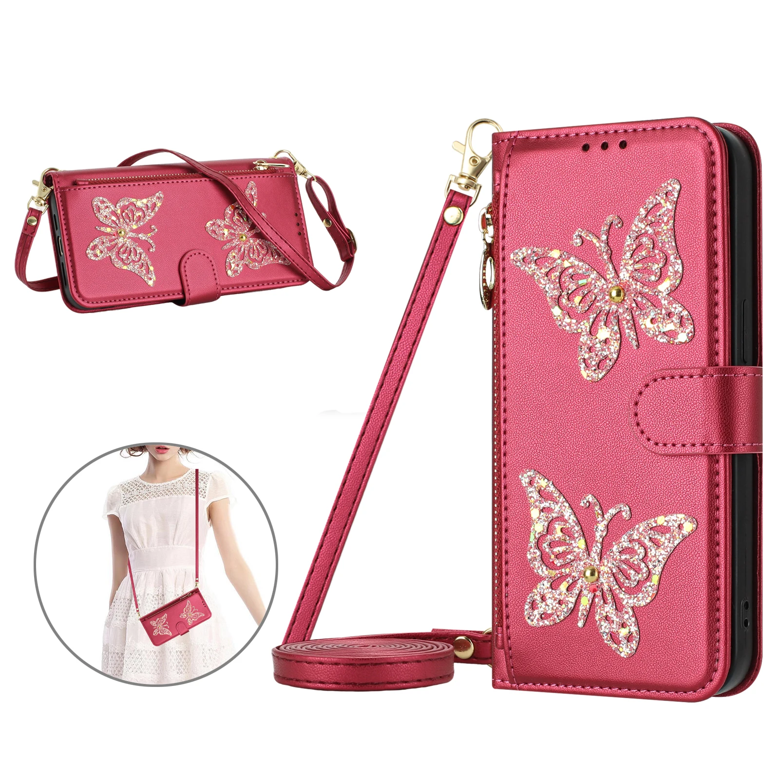 Crossbody Long Strap Glitter Butterfly Leather Phone Case For Samsung S26 Ultra S25 S24 Plus S23 S22 A17 A07 A57 A37 Cute Cover