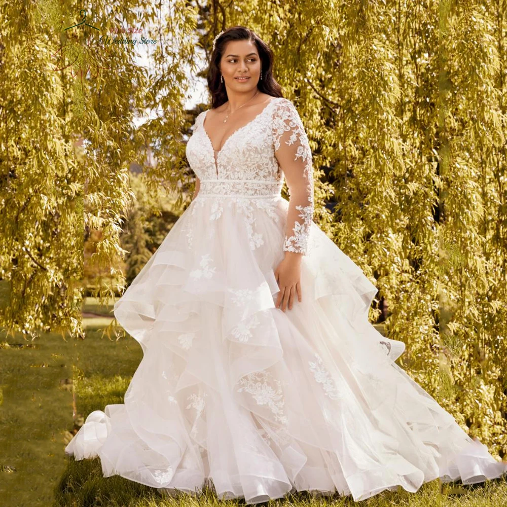 

Pastrol Wedding Dresses Plus Size V Neck Long Sleeves Bride Gowns Appliques Sweep Train Tiered Tulle A-Line Robe De Mariee 2025