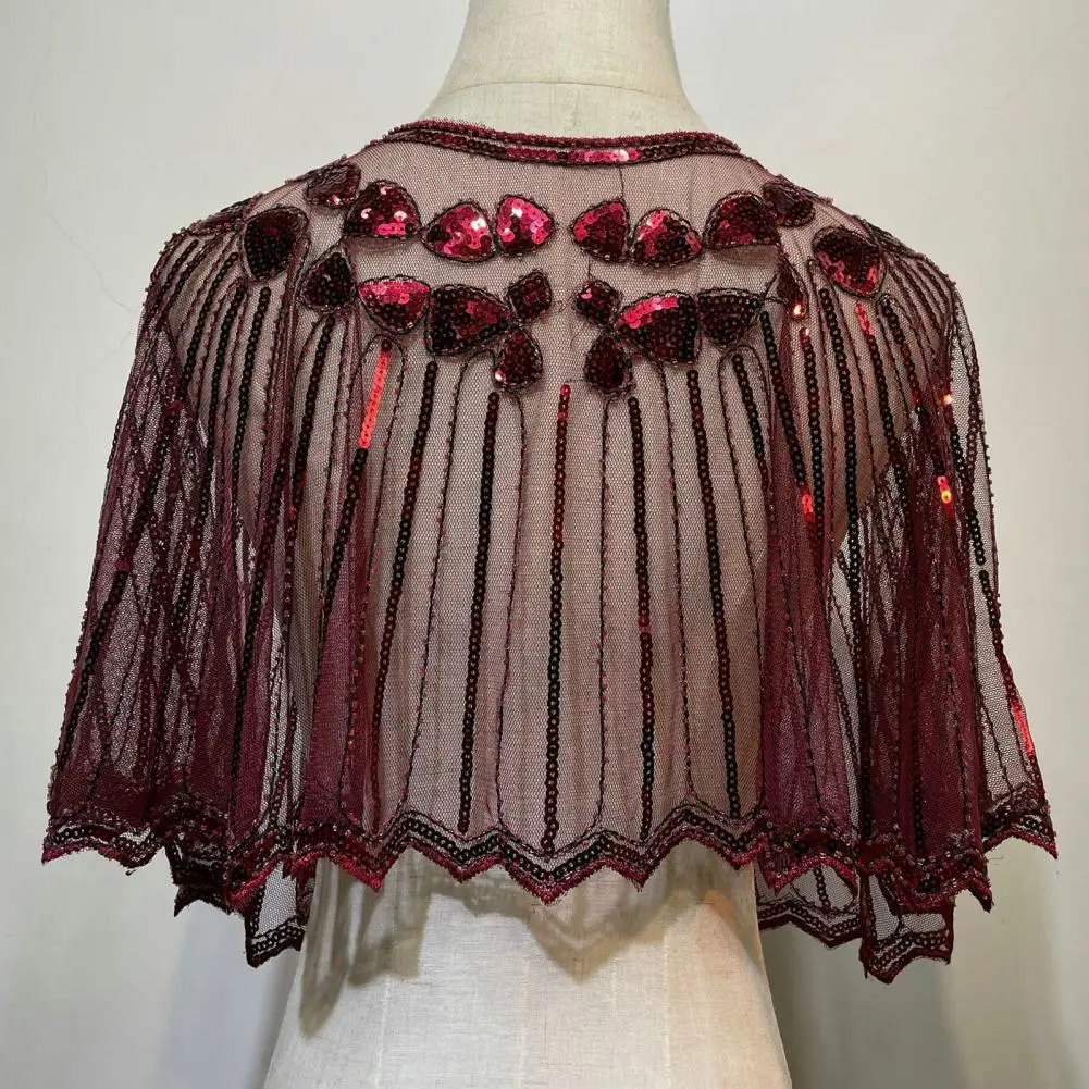 Vintage 1920s Flapper Shawl Sequin Beaded Short Cape Beaded Decoration Women Shawl Gatsby Party Mesh Short Cover Up Prom Shawl