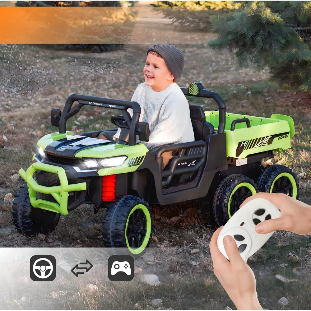 24V UTV 2 Seater Dump Truck with Remote Control, Electric Dump Bed, 4WD Power Ride on Truck Cars 6x6 Wheels, Music, Storage Trun