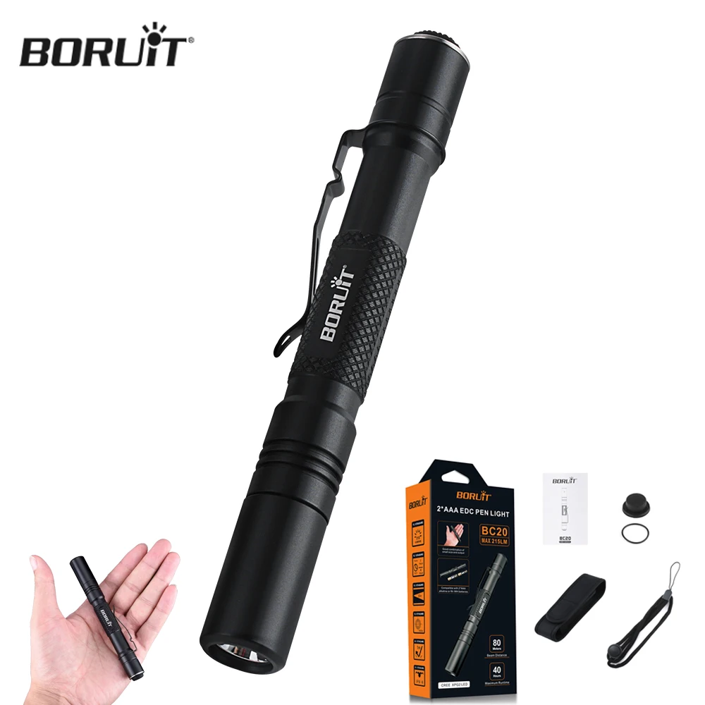 BORUiT BC20 LED Mini Protable Flashlight Use AAA Battery IPX8 Waterproof Night Fishing Lamp with Clips Working Camping Lantern