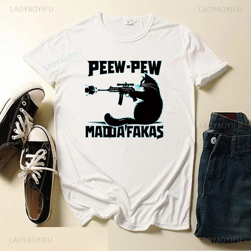 Pew Pew Madafakas Men cartoon Graphic T Shirts Novelty Funny Cat Vintage Summer Woman Breathable T-Shirt Casual Ropa Hombre