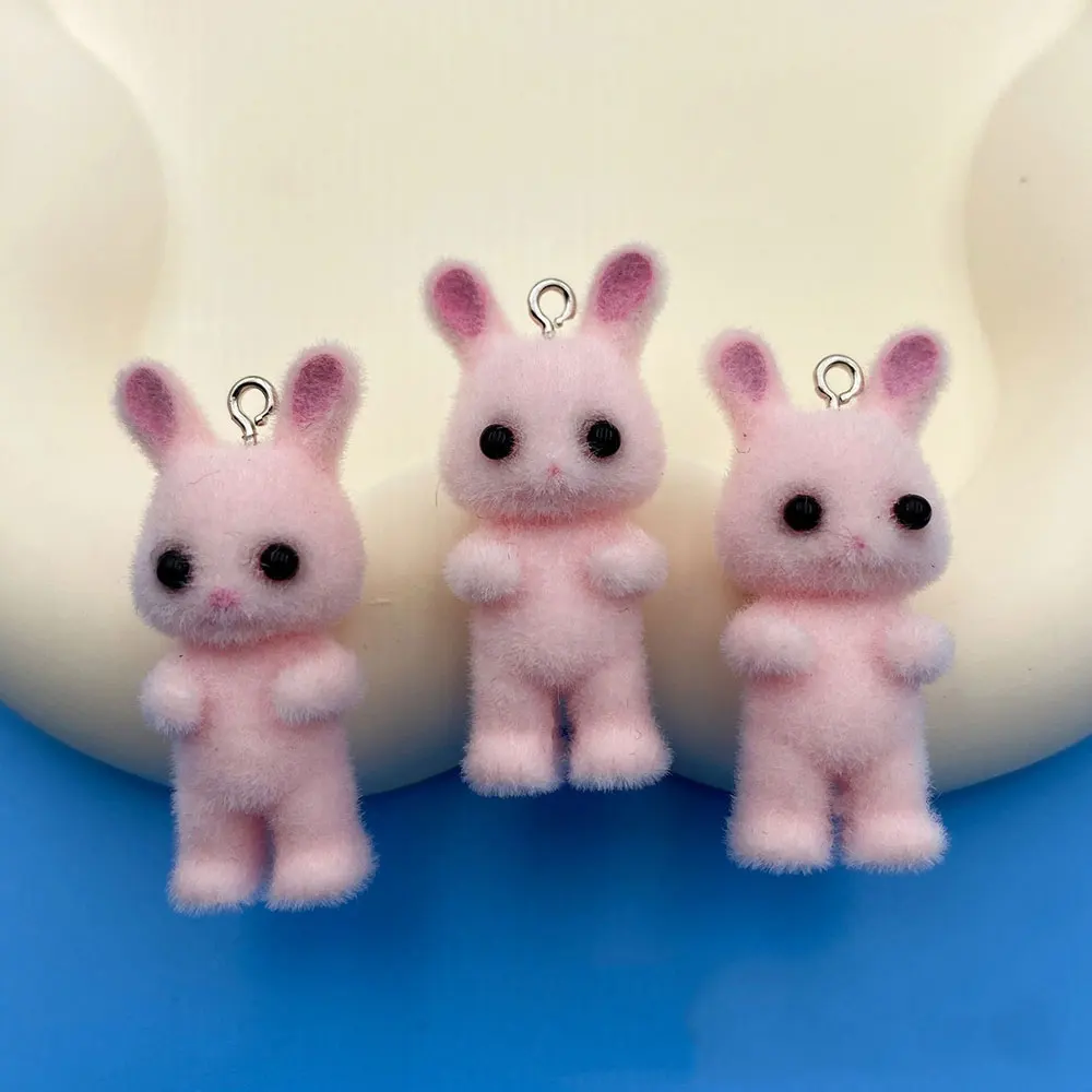 5pcs Cute Flocking Rabbit Resin Charms for Jewelry Making