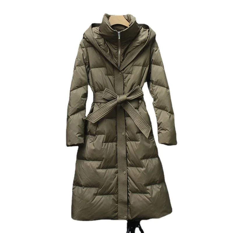 

23 New Winter Women 90% White Duck Down Coat Hooded Thickened Fashion Down Coat Women Warm Parkas Mid Length Belt Slim Fit Parka