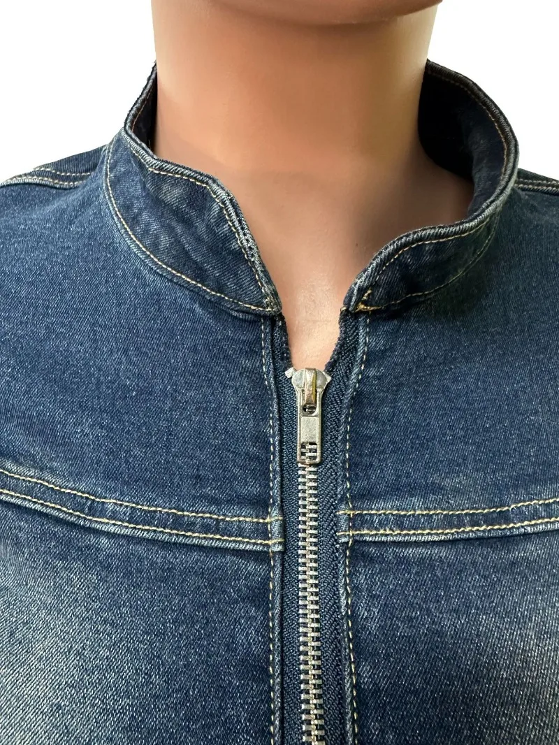 Women Casual Jeans Suits Washed Stretch Denim 2 Piece Set Zippers Stand Collar Long Sleeve Jackets Tops + Holes Pencil Pants