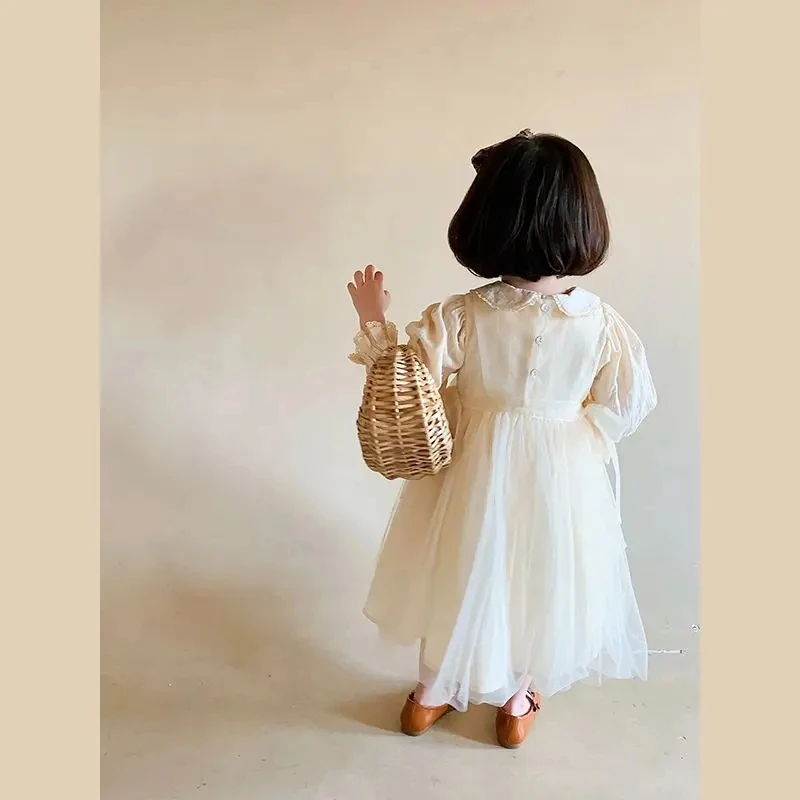 1-9Y New Baby Kid Girl Spring Summer Cream Color Kids Infant Dress Children Doll Collar Embroidered Yarn Dress Girls Clothes