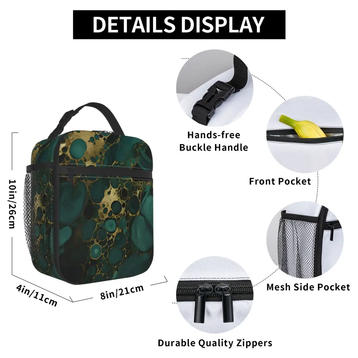 Dark Green Marble Pattern Insulated Lunch Bag for Kids School Cooler Thermal Food Box Tote Leakproof Lunch Boxes Container
