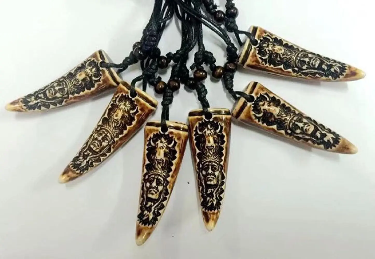 

12 pcs Hand Carved Yak Bone Vintage Tribal Chief Head Pendant Necklace Wood Beads Rope Adjustable