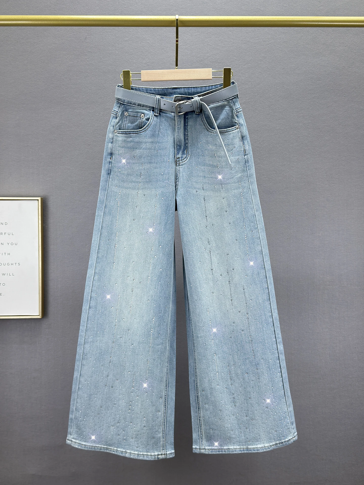 

Trendy High Waist Wide Leg Jeans Women's Spring 2026 New Sle Loose Slimming Rhinestone Decorated Vintage Cotton Stretch Denim
