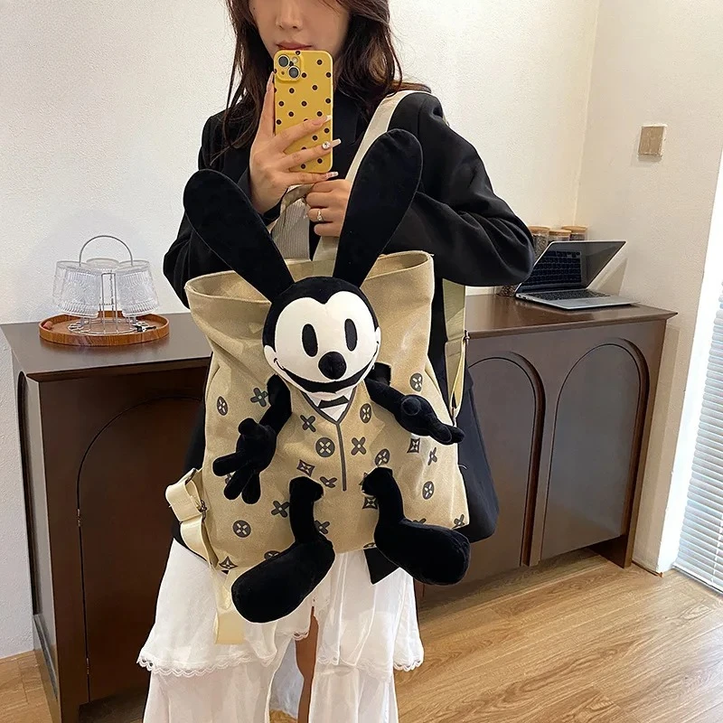 Women's Cartoon Doll Plush Canvas Backpack Color Block Design Large Capacity Multi-use Mommy Bag Student School Casual Daily Bag