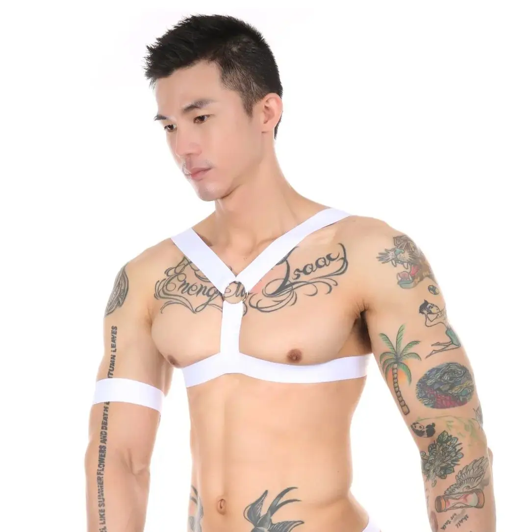 

Mens Front "Y" Shape Harness Sports Fitness Bondage Metal Ring Decoration Straps Elastic Chest Muscle Harness Gyms Party Costume