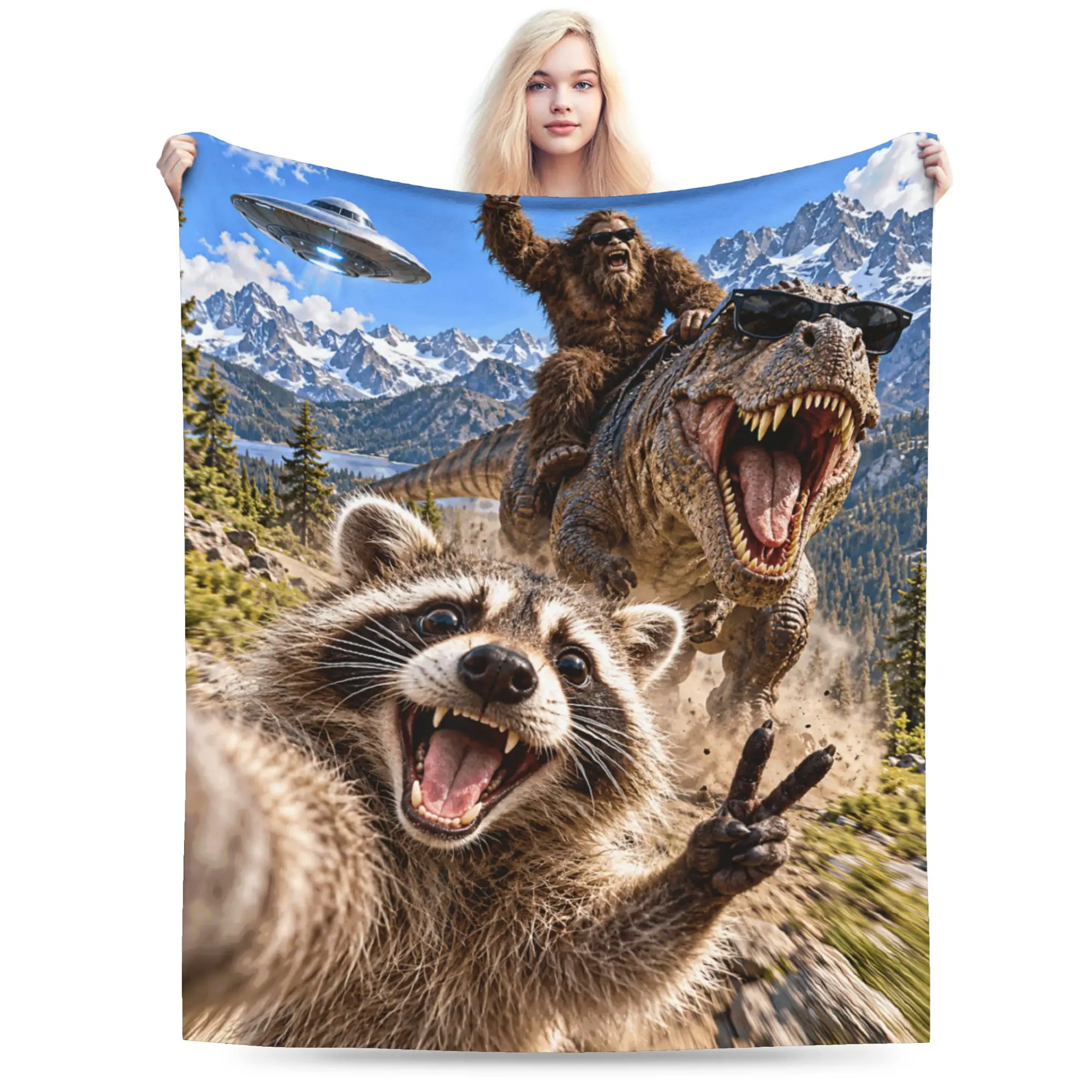 Funny Bigfoot Ride Dinosaur Raccoon Blanket Multiple Sizes Super Soft and Warm  Throw Blankets for Couch Sofa and Bed