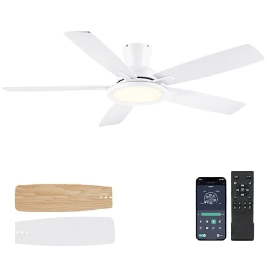

52In Flush Mount Ceiling Fans with Lights - White Low ProfileCeiling Fan with Remote/APP, Reversible, 3CCT Dimmable, Modern Fan