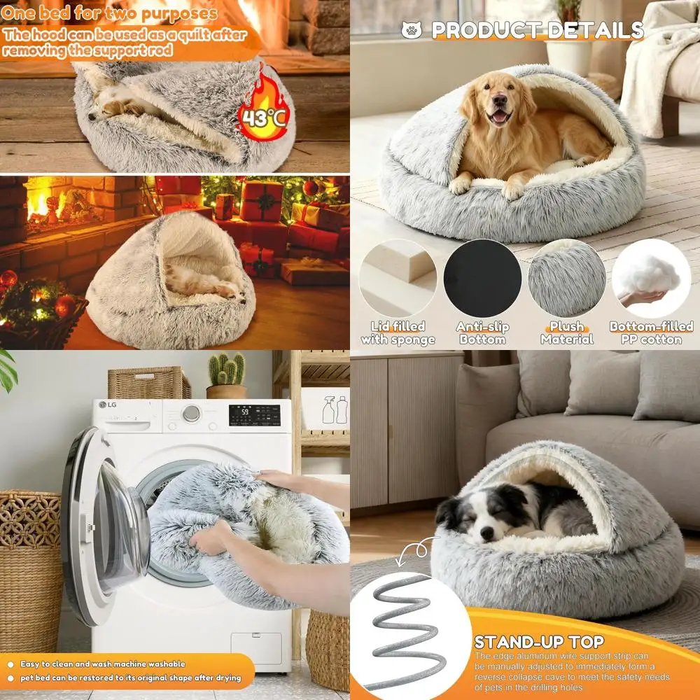 

Dual-Purpose Dog Bed: Enhanced Rim & Anti-Slip Base - Cozy Shelter with Blanket for Medium Dogs up to 44 lbs (Large, Medium Bree