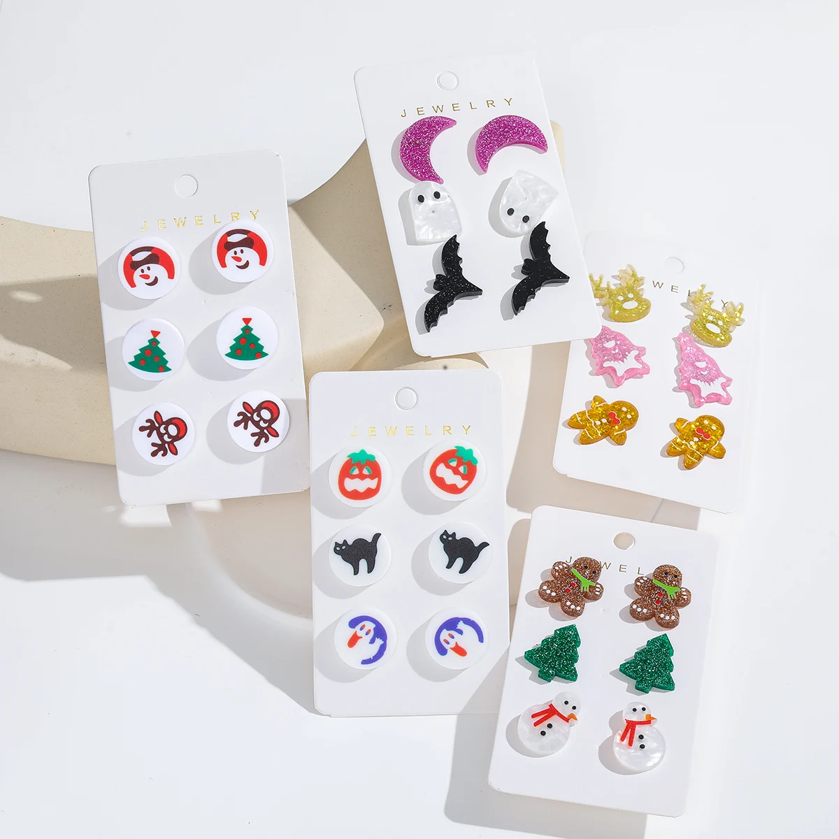 Halloween Gothic Earring Set - 3 Pairs Of Acrylic Studs With Moon, Bat, Ghost, Pumpkin & Spider Designs For Women - Perfect Vint