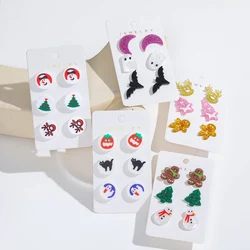 Halloween Gothic Earring Set - 3 Pairs Of Acrylic Studs With Moon, Bat, Ghost, Pumpkin & Spider Designs For Women - Perfect Vint