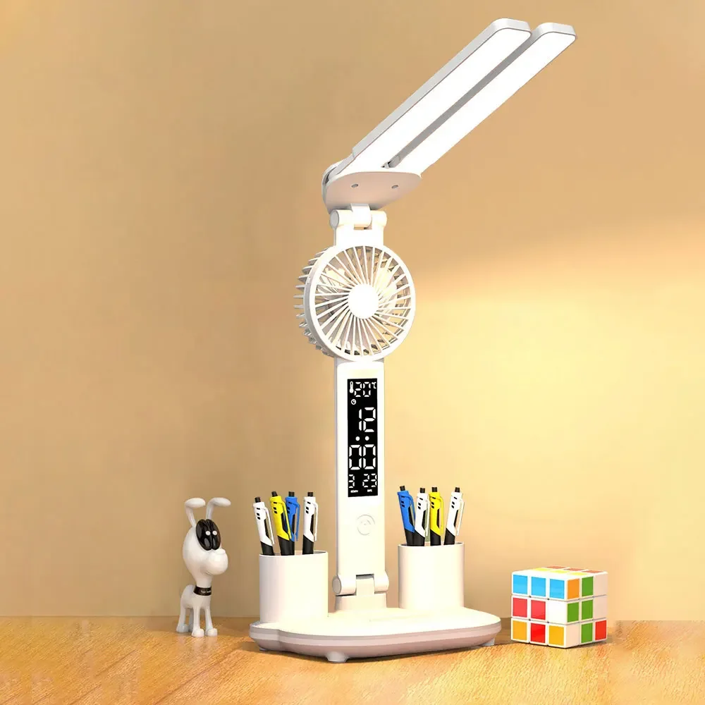 Rechargeable Table Lamp for Study Desk Lamp Reading Light Led Dual Head Table Light with Fan Led Clock Dispaly Reading Lamp 2