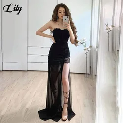 Lily High Split Lace Mermaid Evening Dresses Black Pleat Net Prom Dresses Sweetheart Sleeveless Floor Length vestidos de noche